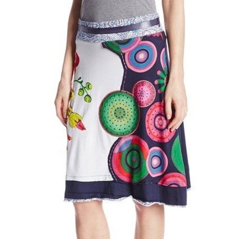 Desigual Colorful Boho Art Embroidered Floral Cotton A-Line Skirt Size Large - Picture 4 of 16